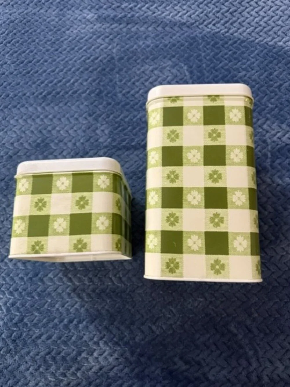 Vintage Cheinco Green Gingham Metal Tin Canister Set of 2 Farmhouse Retro